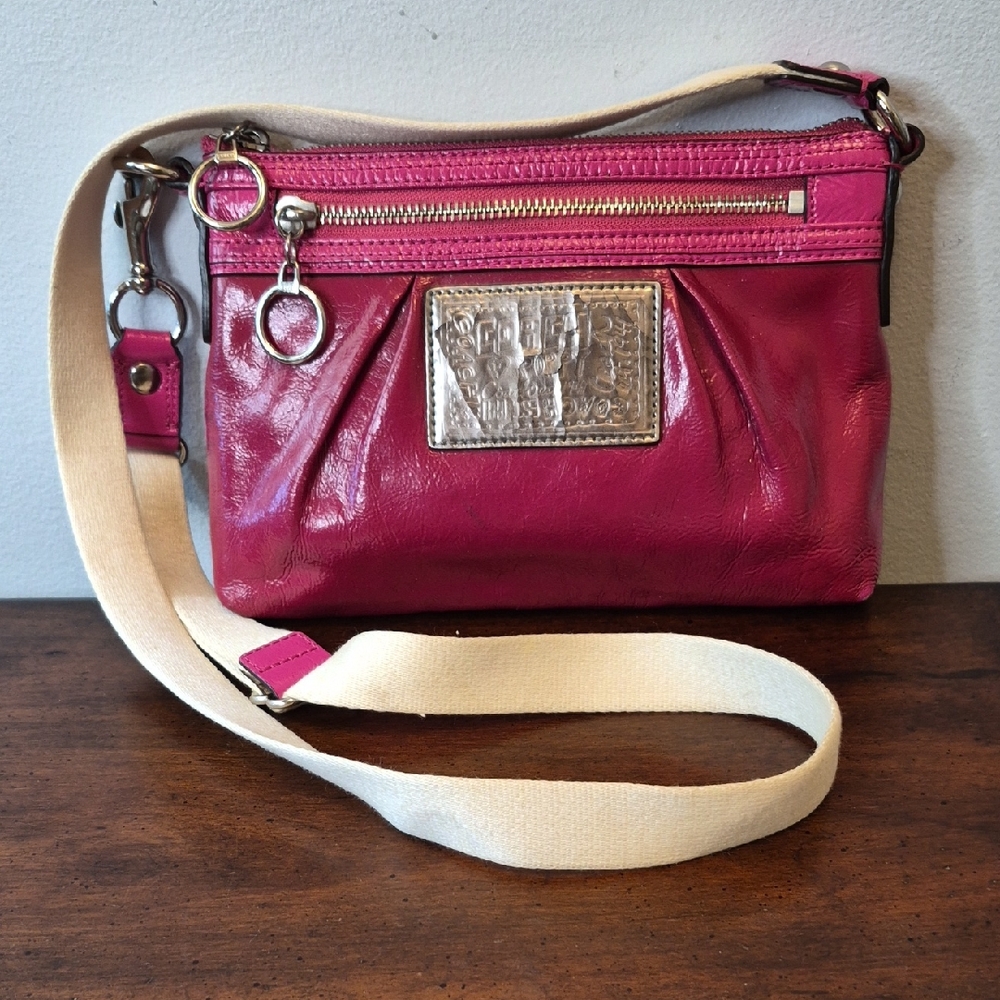 Coach Fuchsia Leather Crossbody with Cream Canvas Strap